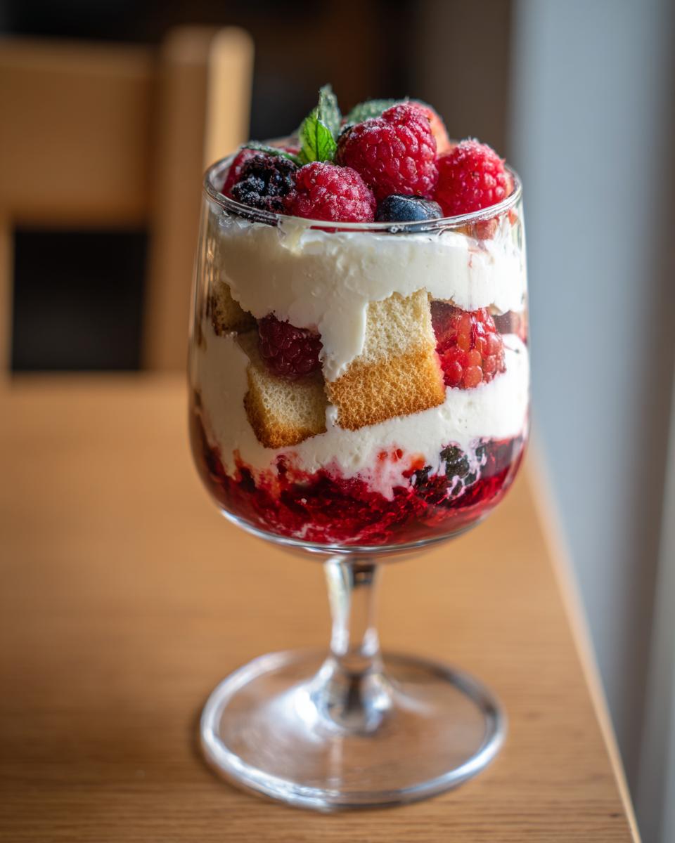 Nahaufnahme eines köstlichen Schichtdessert im Glas mit Biskuit, Sahne und frischen roten Beeren.
