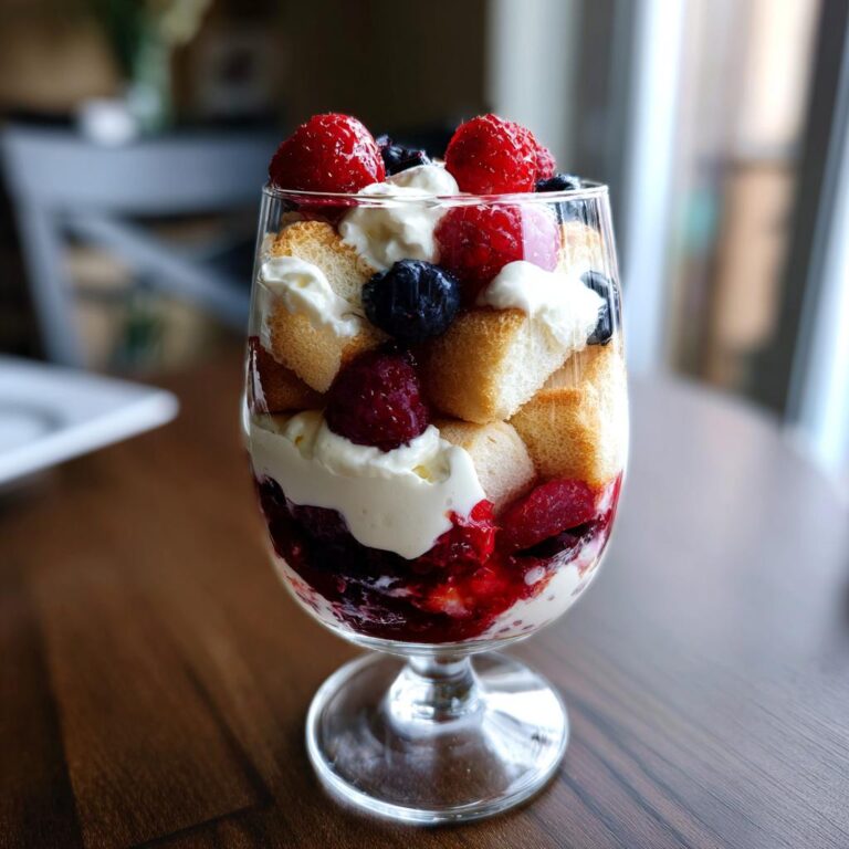 Nahaufnahme eines Schichtdessert im Glas mit Biskuitwürfeln, Sahne und frischen Beeren wie Erdbeeren und Blaubeeren.