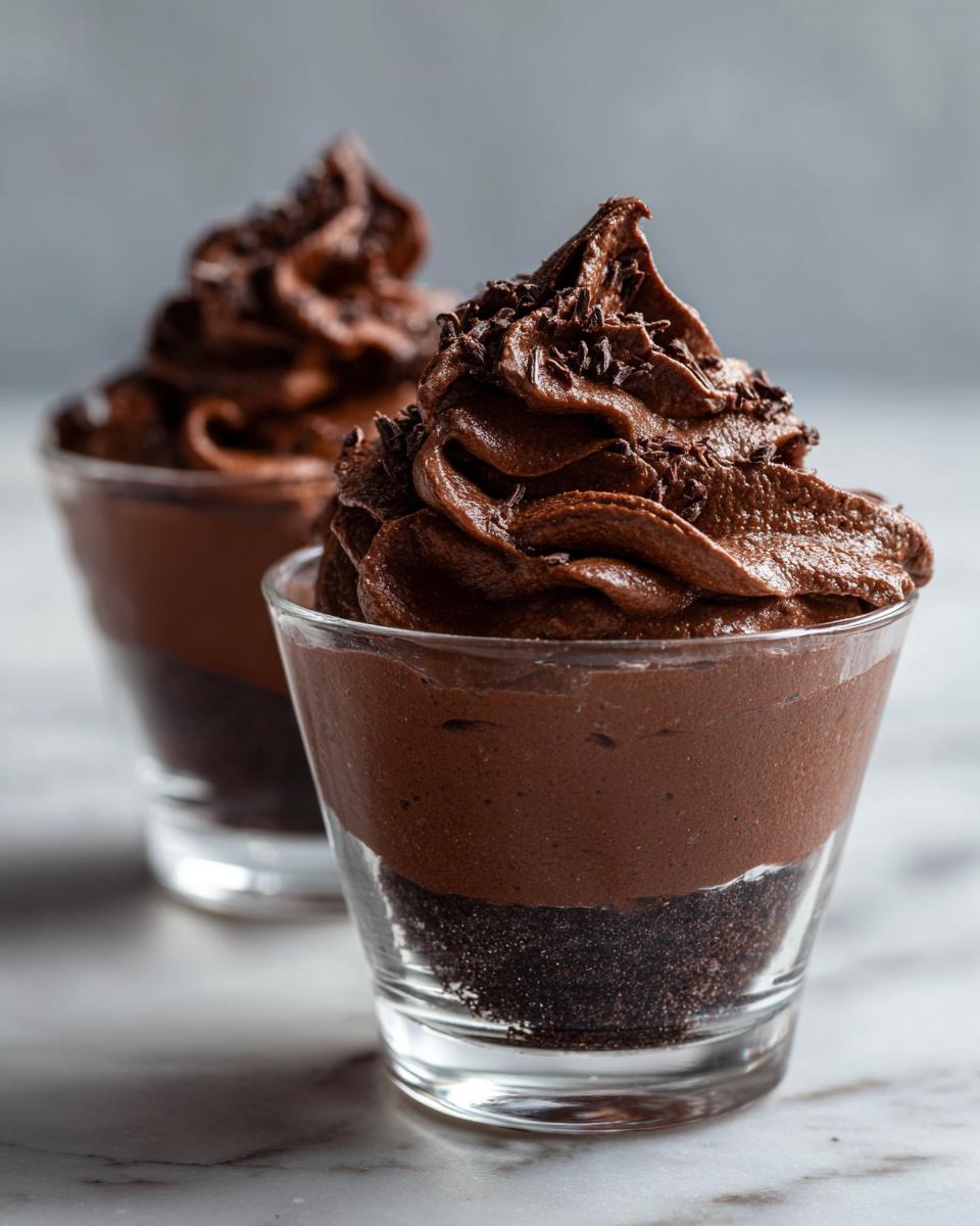 Zwei Gläser mit Schokoladenmousse und Keksboden, ideal für Valentinstagsrezepte für Verliebte.