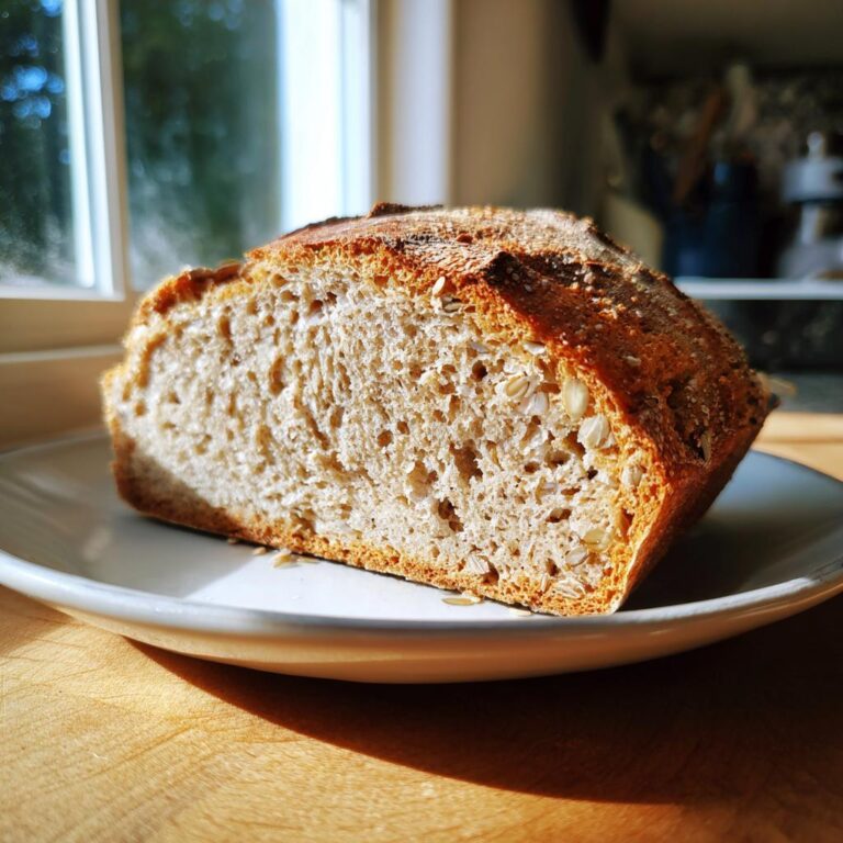 Aufgeschnittenes Laib Das beste Eiweißbrot der Welt mit sichtbarer Körnung auf einem Teller.