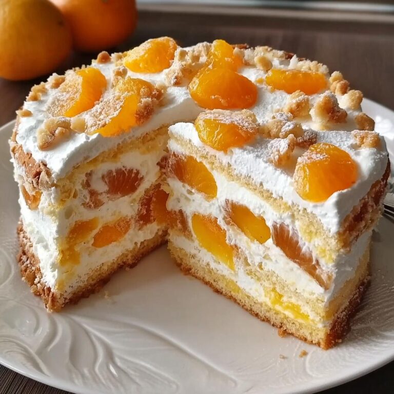 Anschnitt einer saftigen Weihnachts Mandarinen-Torte mit viel Sahne und Mandarinenstücken.