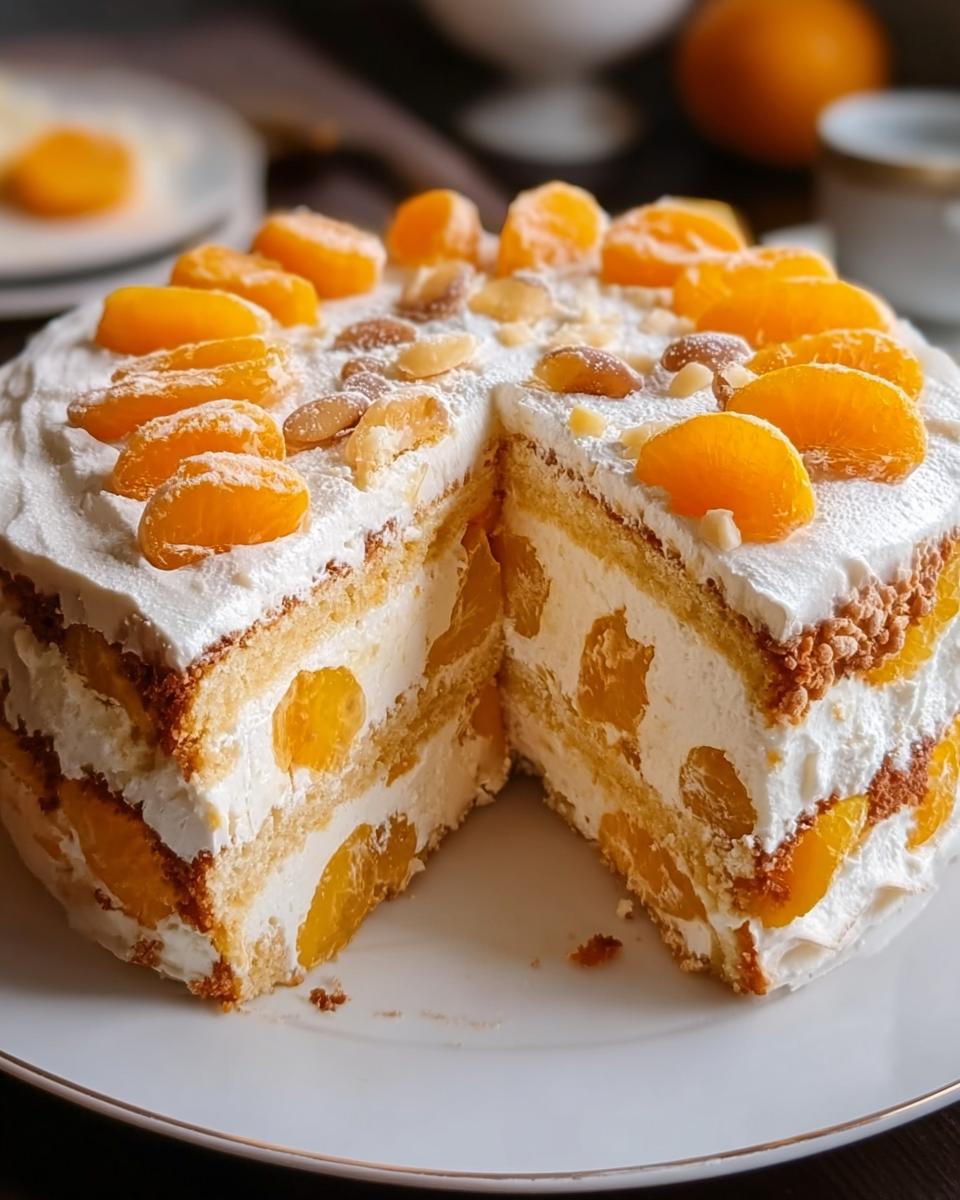 Schnittansicht einer saftigen Weihnachts Mandarinen-Torte mit Sahnefüllung und Mandarinenstückchen.