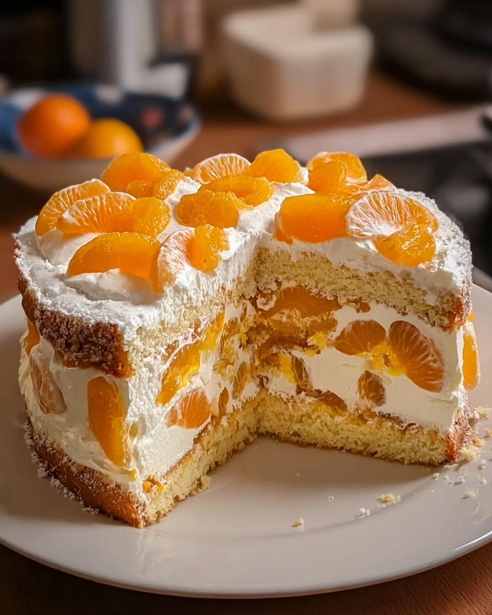 Schnittansicht einer festlichen Weihnachts Mandarinen-Torte mit Biskuitböden, viel Sahne und frischen Mandarinenstücken.