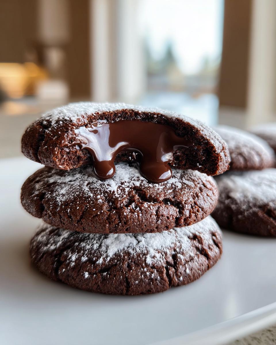 Stapel von Schoko-Engelsaugen, wobei der oberste Keks zerbrochen ist und geschmolzene Schokolade herausläuft.