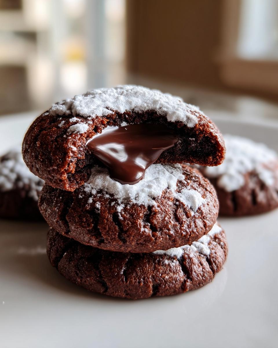 Drei gestapelte Schoko-Engelsaugen, wobei der obere zerbrochen ist und geschmolzene Schokolade herausläuft, bestäubt mit Puderzucker.