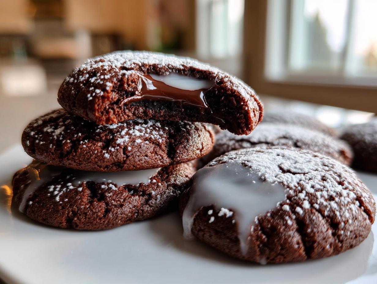 Stapel von saftigen Schoko-Engelsaugen, bestäubt mit Puderzucker und mit weißem Zuckerguss.
