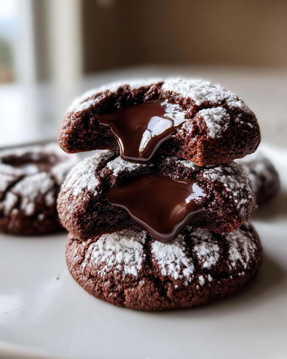 Nahaufnahme von gestapelten Schoko-Engelsaugen, deren geschmolzener Kern herausläuft und mit Puderzucker bestäubt ist.