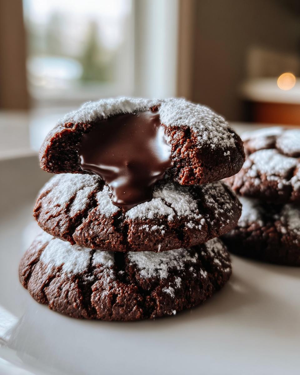 Drei gestapelte Schoko-Engelsaugen Kekse, bestäubt mit Puderzucker, wobei der obere zerbrochen ist und flüssige Schokolade herausläuft.
