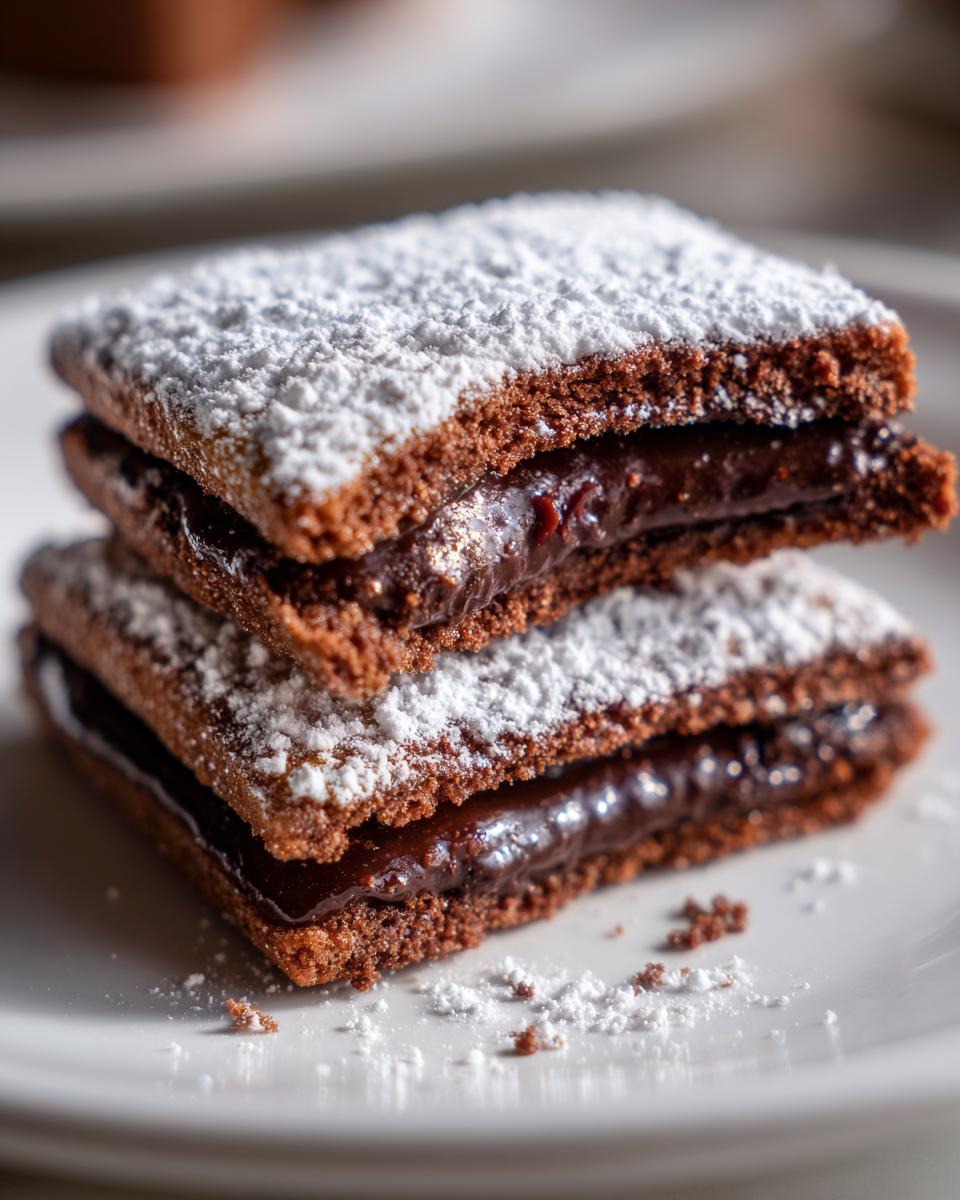 Nahaufnahme von zwei gestapelten Schoko-Engelsaugen, bestäubt mit Puderzucker, auf einem weißen Teller.