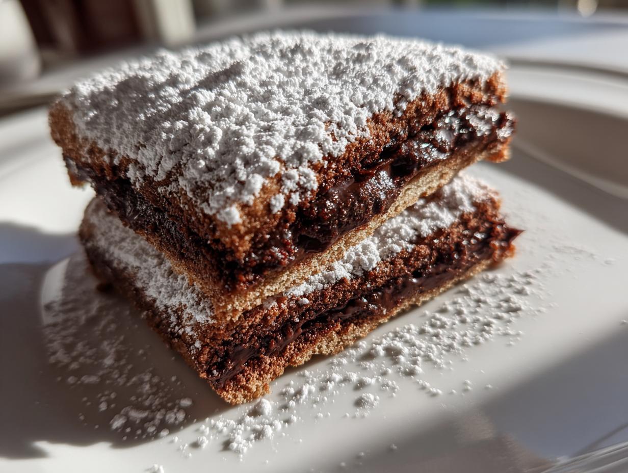 Zwei gestapelte Stücke Schoko-Engelsaugen, gefüllt mit dunkler Schokolade und bestäubt mit Puderzucker.