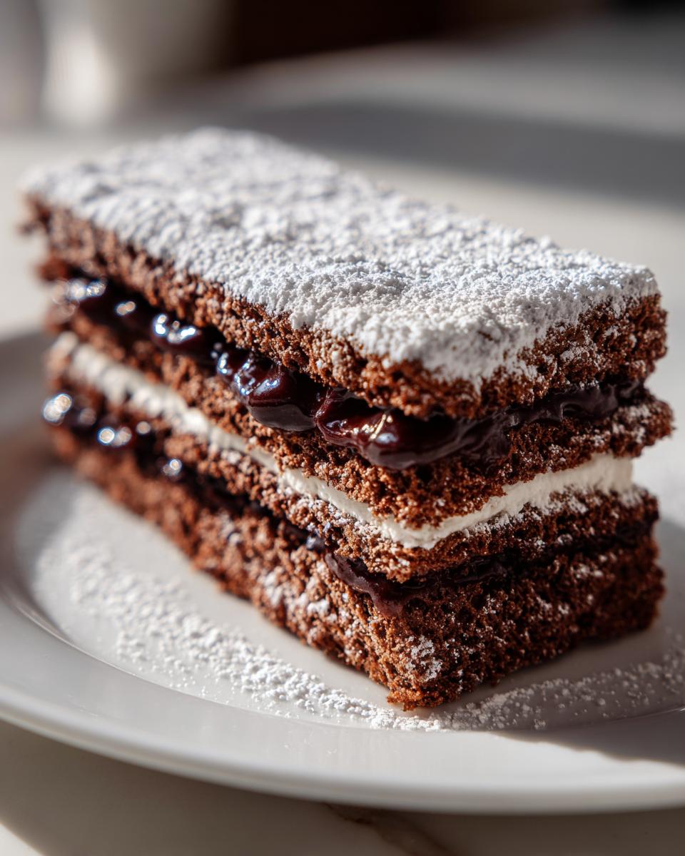 Ein Stück saftiger Schoko-Engelsaugen Kuchen mit dunkler Kirschfüllung und Puderzucker.