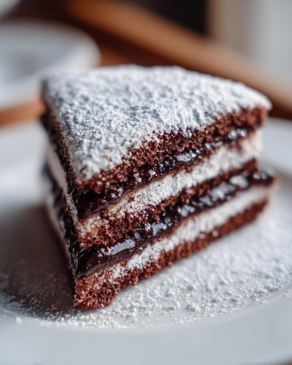Nahaufnahme eines Schoko-Engelsaugen Kuchens, geschichtet mit dunklem Teig, weißer Creme und dunkler Füllung, bestäubt mit Puderzucker.