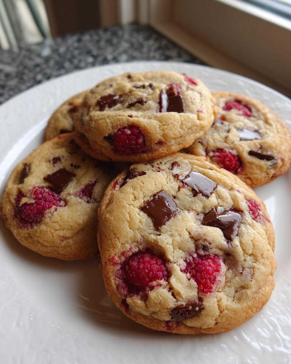 Nahaufnahme von vier saftigen Schoko Himbeer Kekse mit dunklen Schokoladenstücken auf einem weißen Teller.