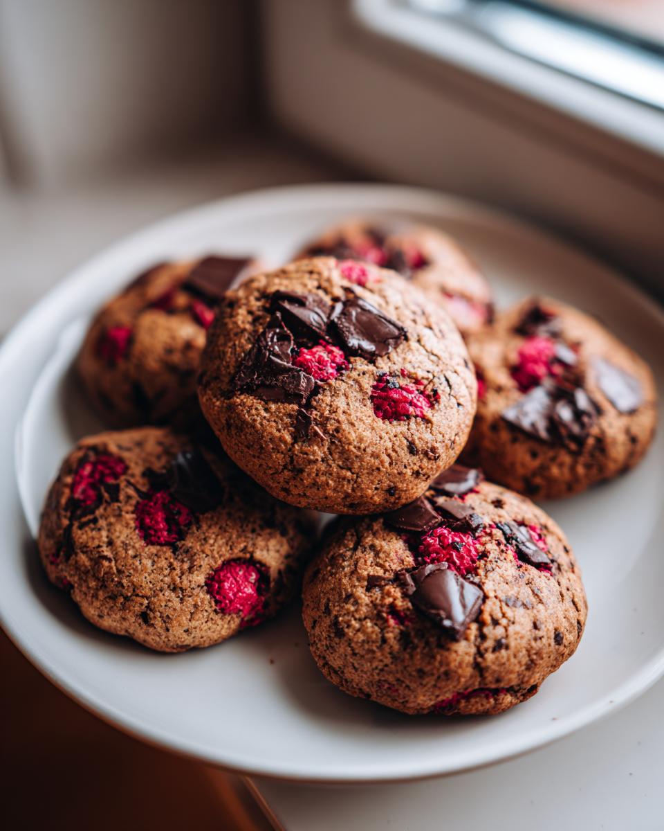 Nahaufnahme von mehreren frisch gebackenen Schoko Himbeer Kekse mit dunklen Schokoladenstücken auf einem weißen Teller.