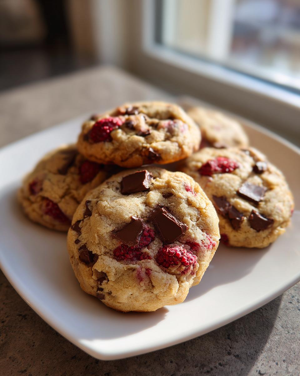 Nahaufnahme von mehreren frisch gebackenen Schoko Himbeer Kekse mit großen Schokoladenstücken auf einem weißen Teller.