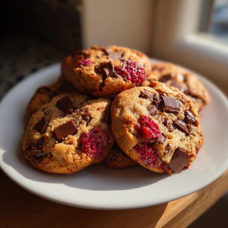 Ein Stapel frisch gebackener Schoko Himbeer Kekse mit großen Schokoladenstücken und leuchtend roten Himbeeren auf einem weißen Teller.