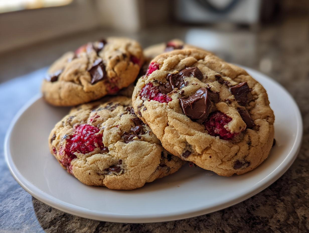 Nahaufnahme von mehreren saftigen Schoko Himbeer Kekse mit geschmolzener Schokolade auf einem weißen Teller.
