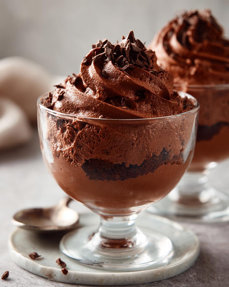 Nahaufnahme von luxuriöser Schokoladenmousse in einem Glas, perfekt für Valentinstagsrezepte für Verliebte.