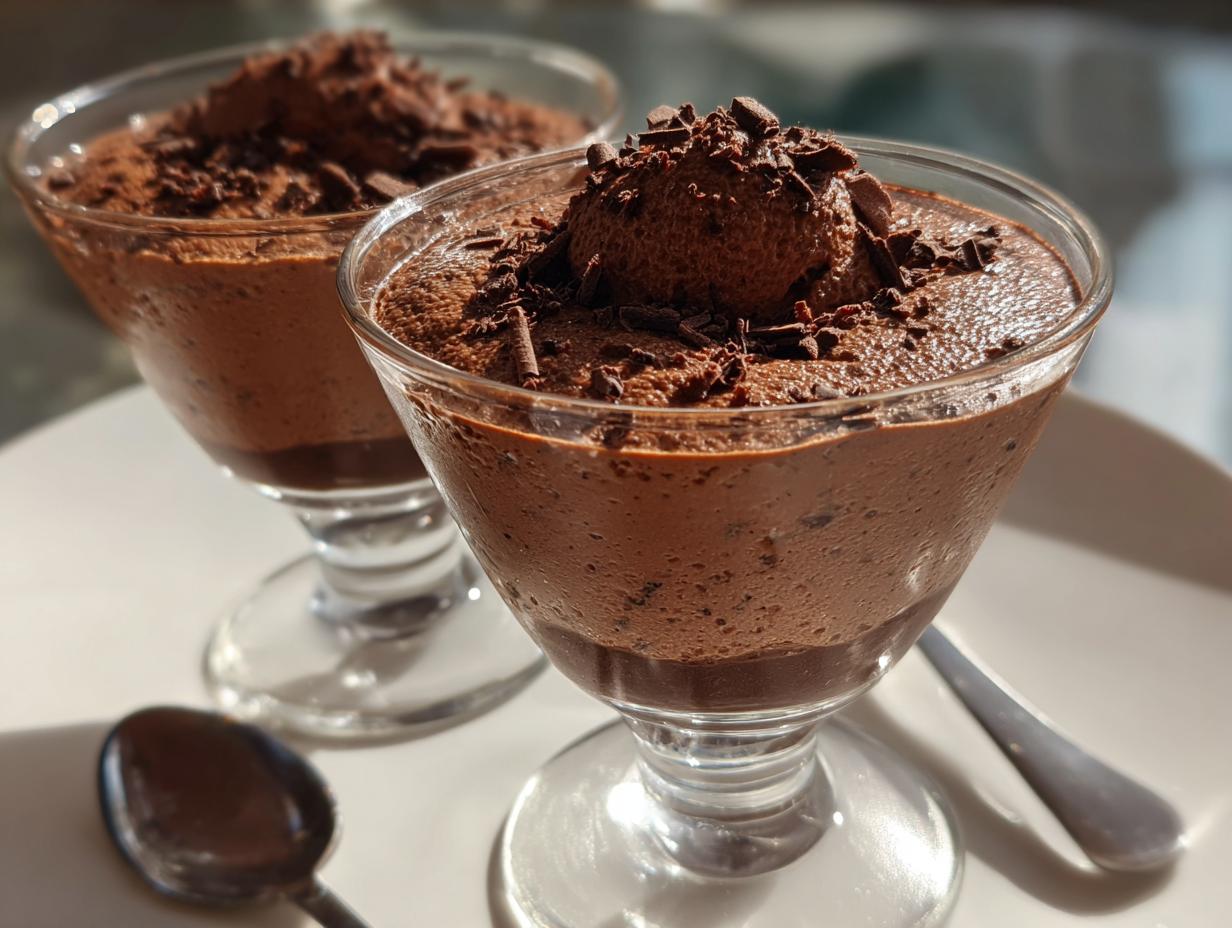Zwei Gläser dunkles Schokoladenmousse, garniert mit Schokostreuseln, ideal für Valentinstagsrezepte für Verliebte.