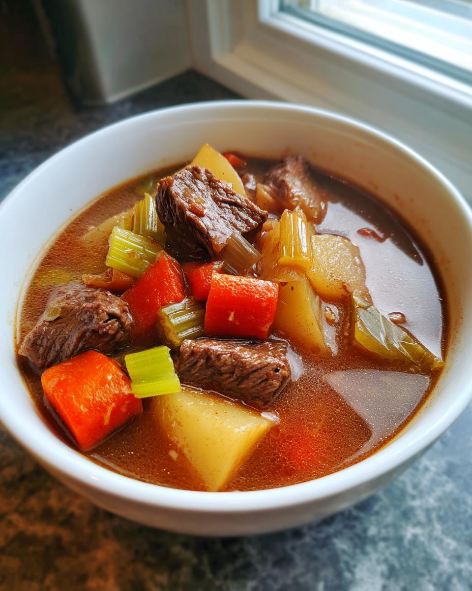 Nahaufnahme einer Schüssel mit herzhaftem Räubertopf nach Omas Rezept, gefüllt mit Fleischstücken, Kartoffeln, Karotten und Sellerie in dunkler Brühe.