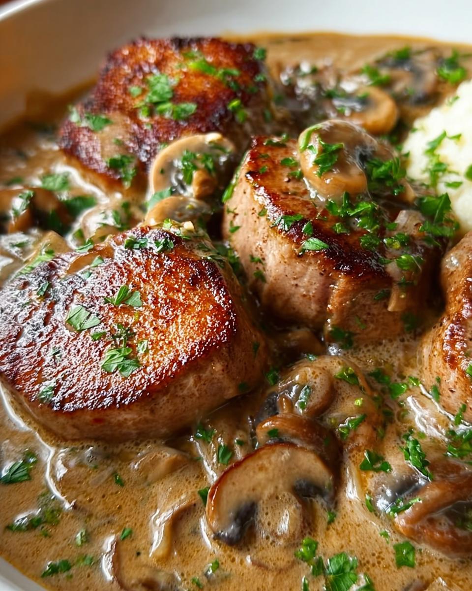 Close-up of seared pork medallions in a creamy mushroom and onion sauce, garnished with parsley, perfect for Schweinefilet in Pilz-Zwiebel-Sauce.