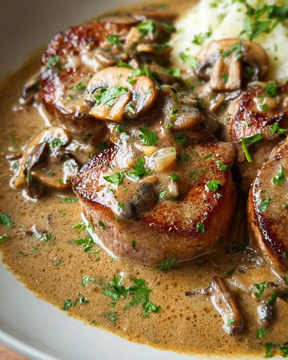 Nahaufnahme von saftigem Schweinefilet in reichhaltiger Pilz-Zwiebel-Sauce, garniert mit Petersilie.