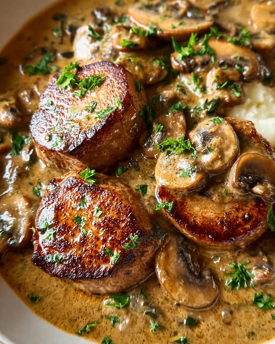 Drei Medaillons vom Schweinefilet in cremiger Pilz-Zwiebel-Sauce, garniert mit Petersilie.