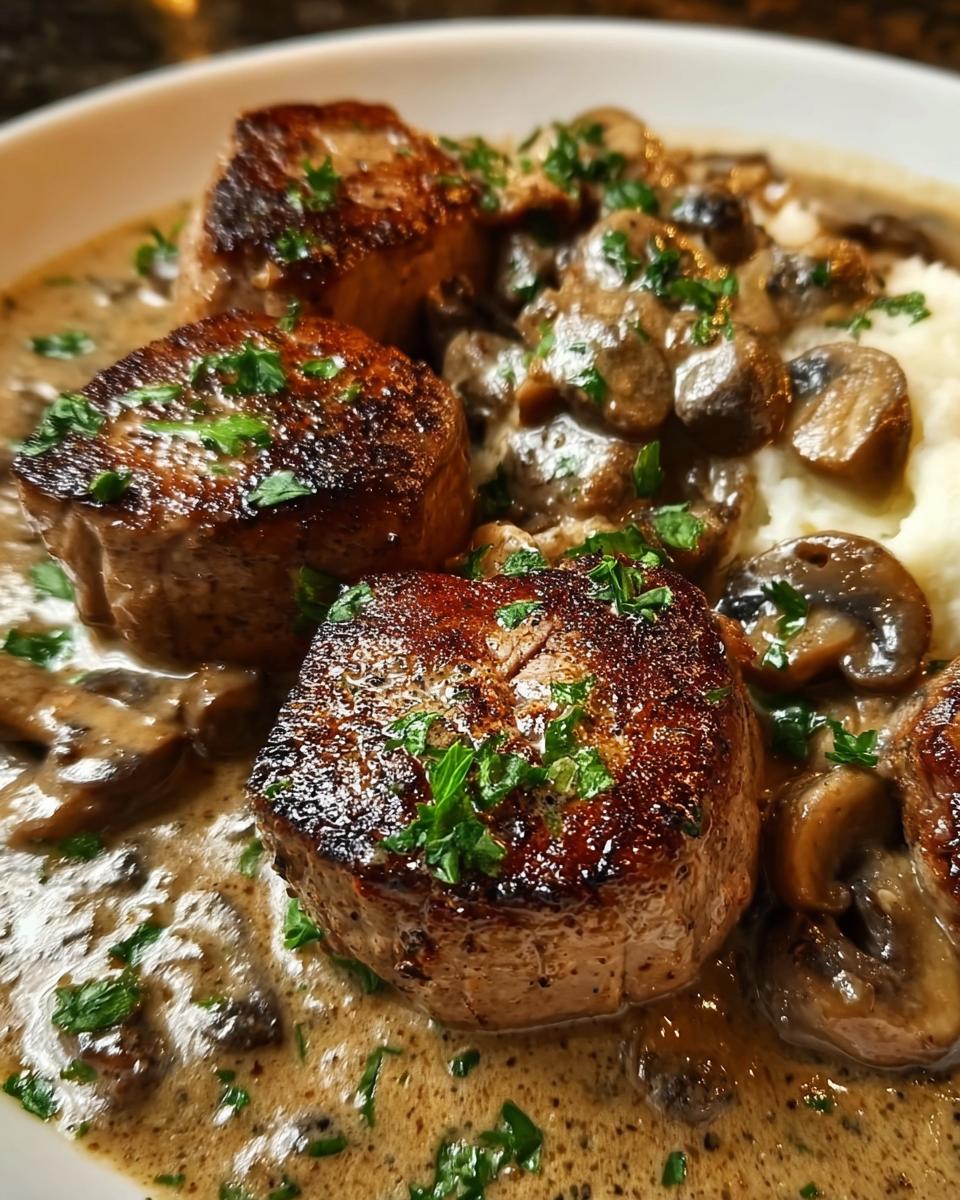 Gebratenes Schweinefilet in Pilz-Zwiebel-Sauce mit Kartoffelpüree, garniert mit Petersilie.