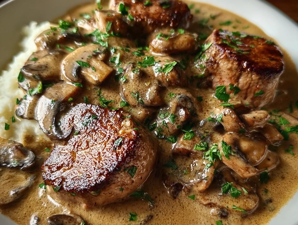 Drei Medaillons vom Schweinefilet in reichhaltiger Pilz-Zwiebel-Sauce, serviert mit Kartoffelpüree.