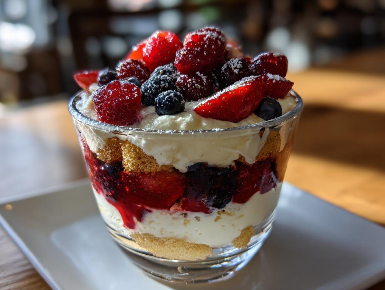 Nahaufnahme eines sommerlichen Schichtdessert mit Sahne, Biskuit und frischen Beeren wie Erdbeeren und Blaubeeren.
