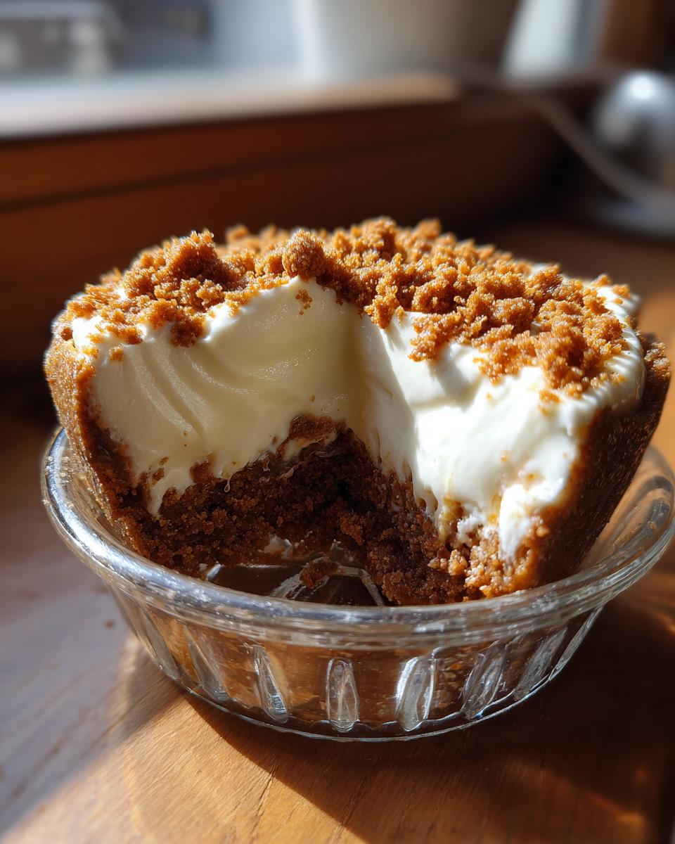 Nahaufnahme eines angeschnittenen SPEKULATIUS DESSERT mit cremiger Füllung und Keksstreuseln in einer kleinen Glasschale.