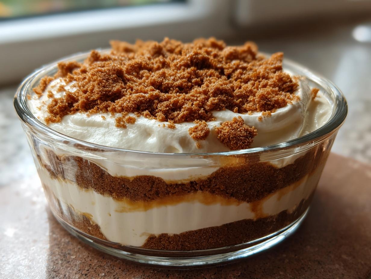 Nahaufnahme eines geschichteten SPEKULATIUS DESSERT in einer Glasschale mit Sahne und Keksstreuseln.