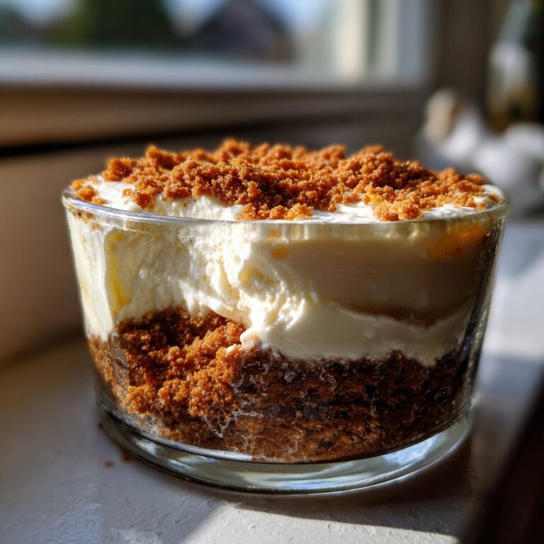 Ein Schichtdessert im Glas mit cremiger Füllung und knusprigem Spekulatius Dessert Crumble obenauf.