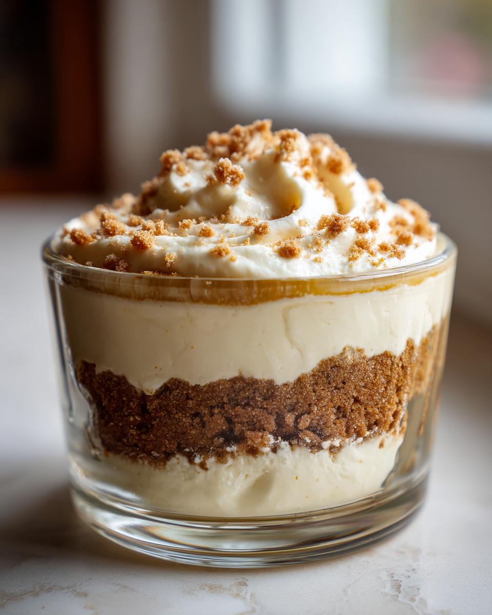 Nahaufnahme eines geschichteten Spekulatius Desserts im Glas mit Creme und Keksbröseln.