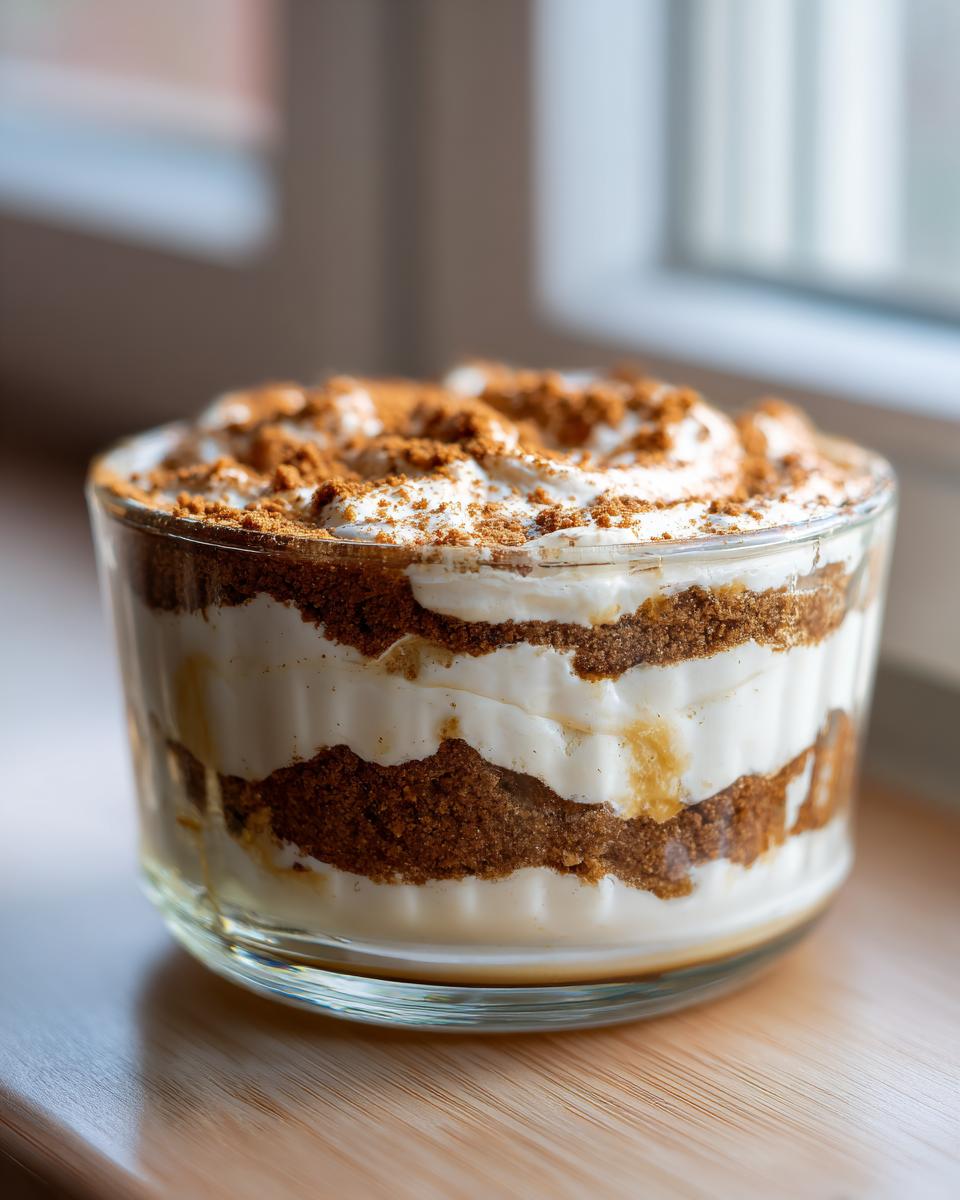 Nahaufnahme eines geschichteten SPEKULATIUS DESSERT mit braunen Keksstücken und weißer Creme in einem Glas.