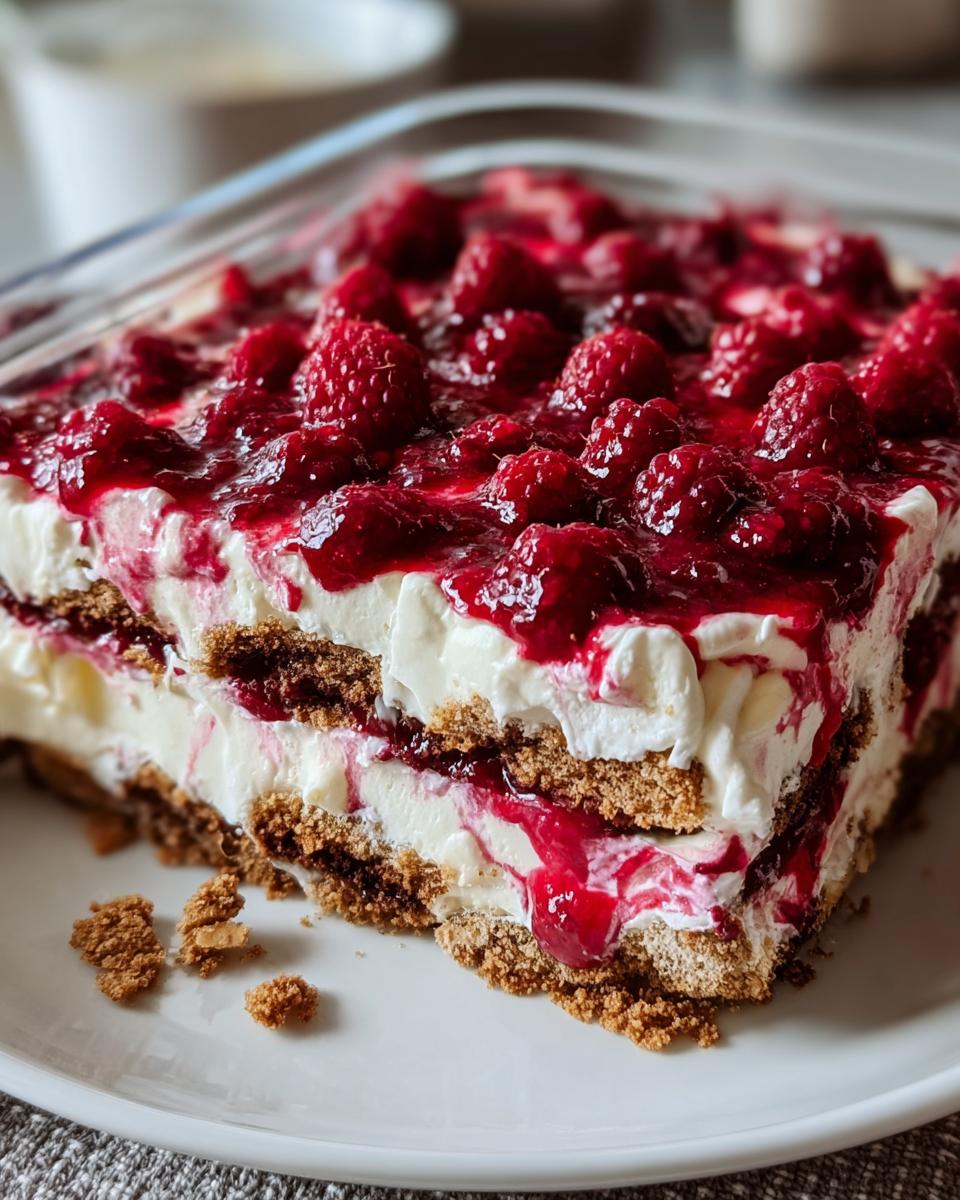 Nahaufnahme eines Anschnitts vom Spekulatius-Himbeer-Tiramisu mit cremigen Schichten und Himbeersauce.