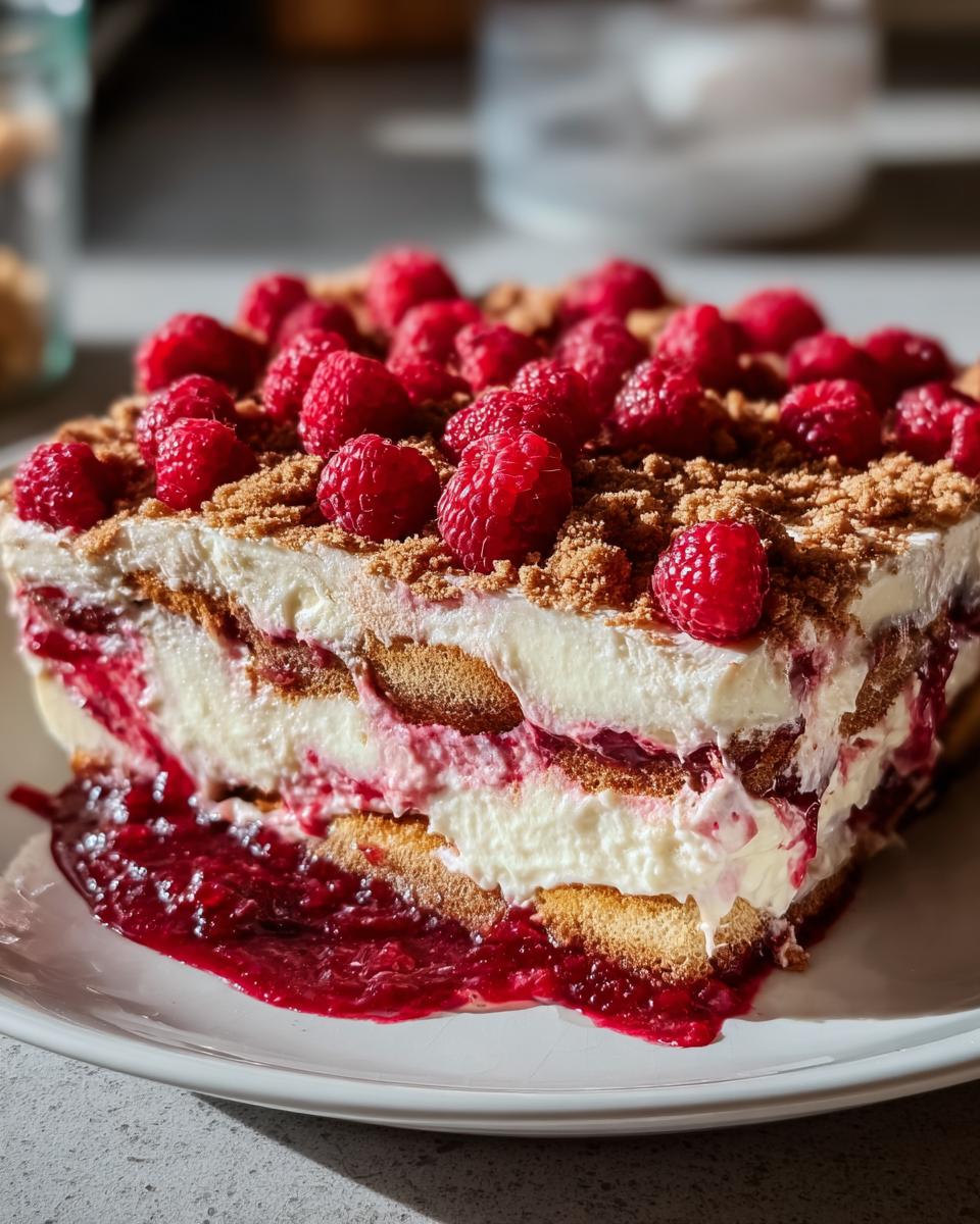 Schnittbild eines Spekulatius-Himbeer-Tiramisu mit Schichten aus Creme, getränkten Keksen und viel Himbeersauce.