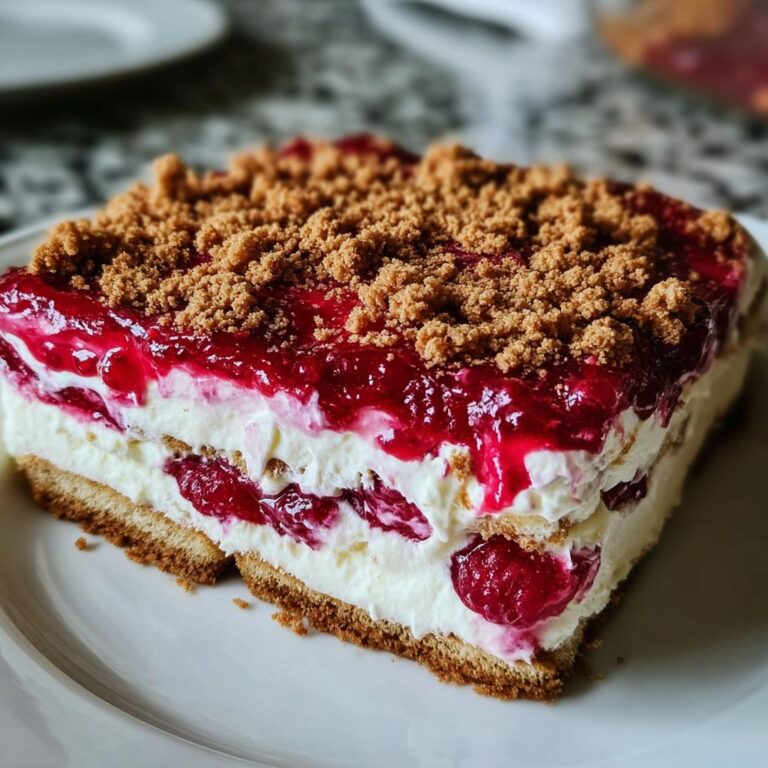 Ein saftiges Stück Spekulatius-Himbeer-Tiramisu mit Schichten aus Creme, Himbeeren und Spekulatius-Streuseln.