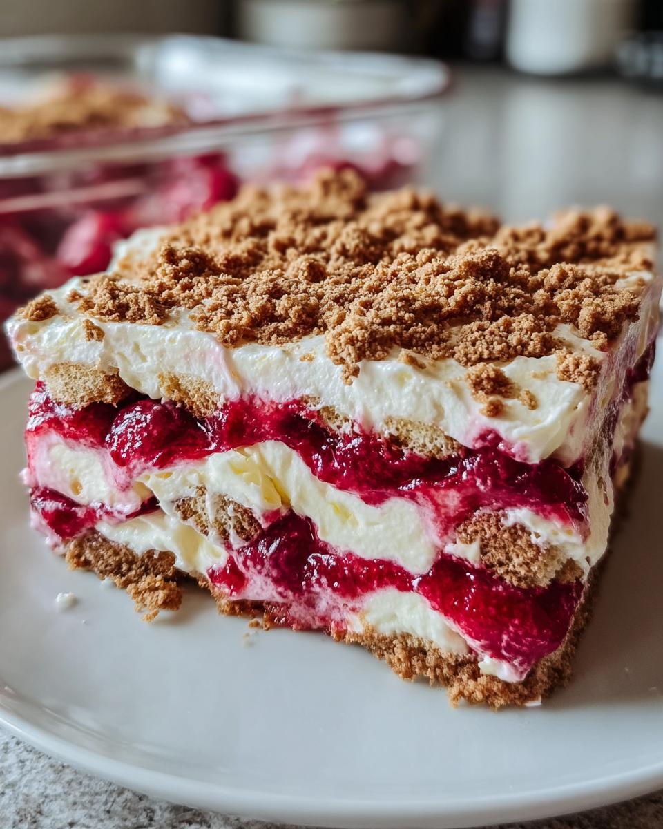 Ein großes Stück Spekulatius-Himbeer-Tiramisu mit Schichten aus Creme, Himbeeren und Spekulatius-Krümeln.