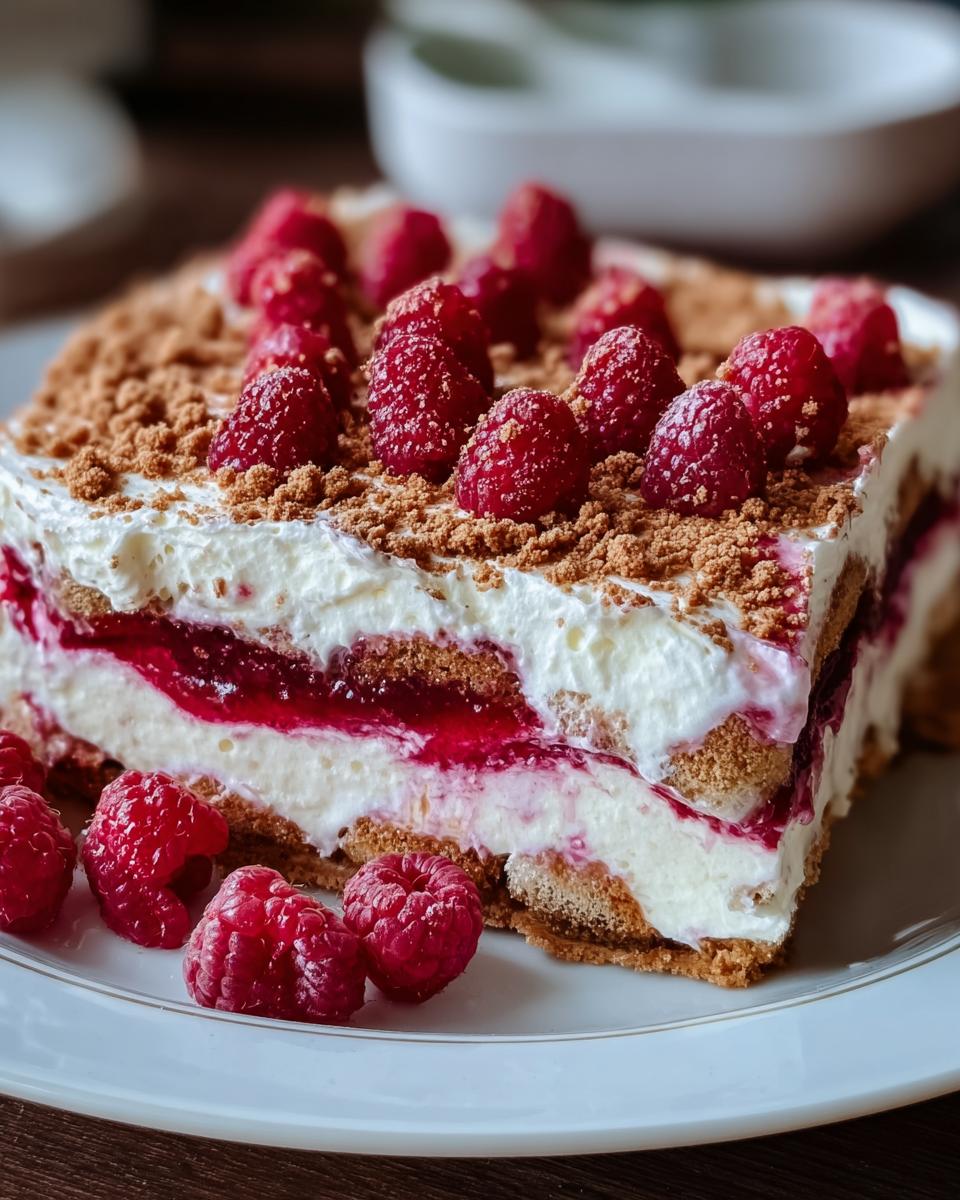 Nahaufnahme eines Stücks Spekulatius-Himbeer-Tiramisu mit cremigen Schichten und frischen Himbeeren.