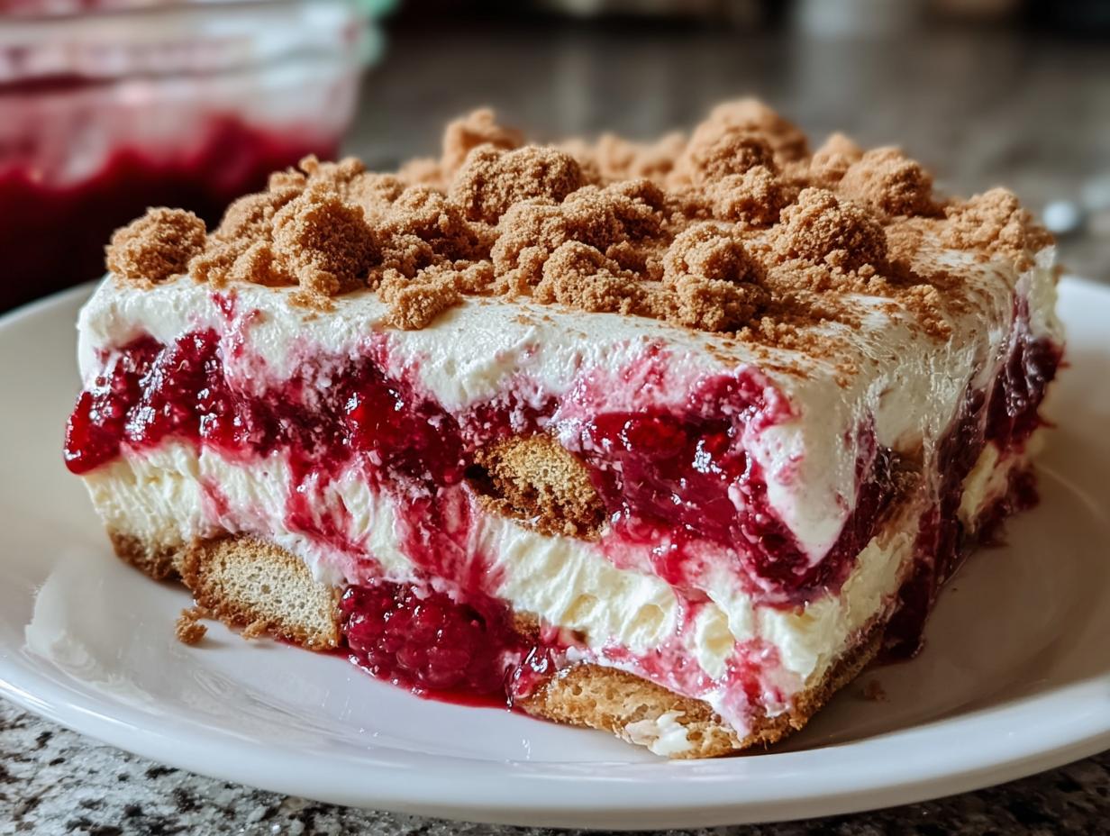 Nahaufnahme eines Stücks Spekulatius-Himbeer-Tiramisu mit cremigen Schichten und zerbröseltem Spekulatius-Topping.