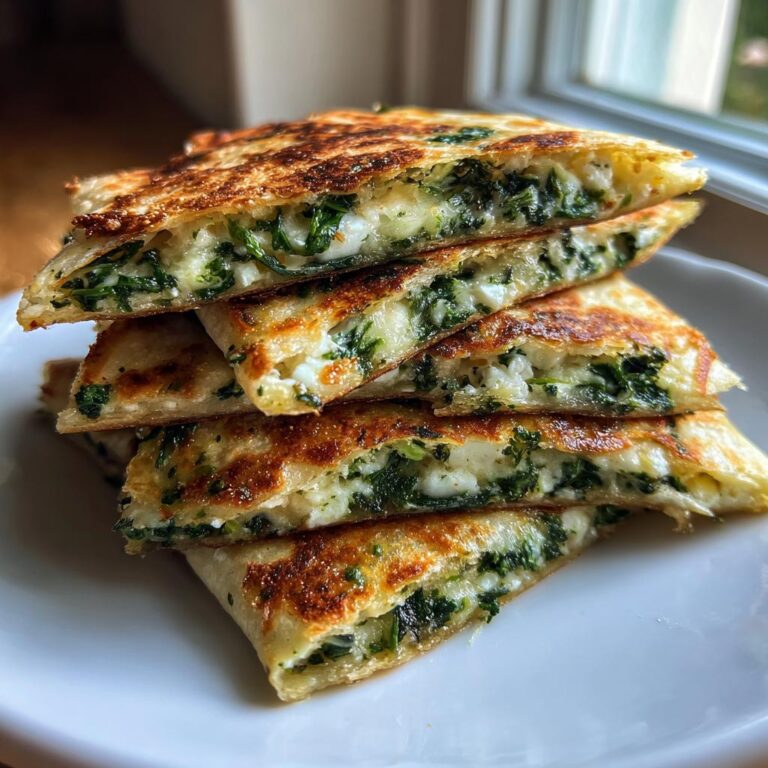 Stapel von knusprigen Spinat-Feta-Quesadillas, gefüllt mit Spinat und geschmolzenem Feta.