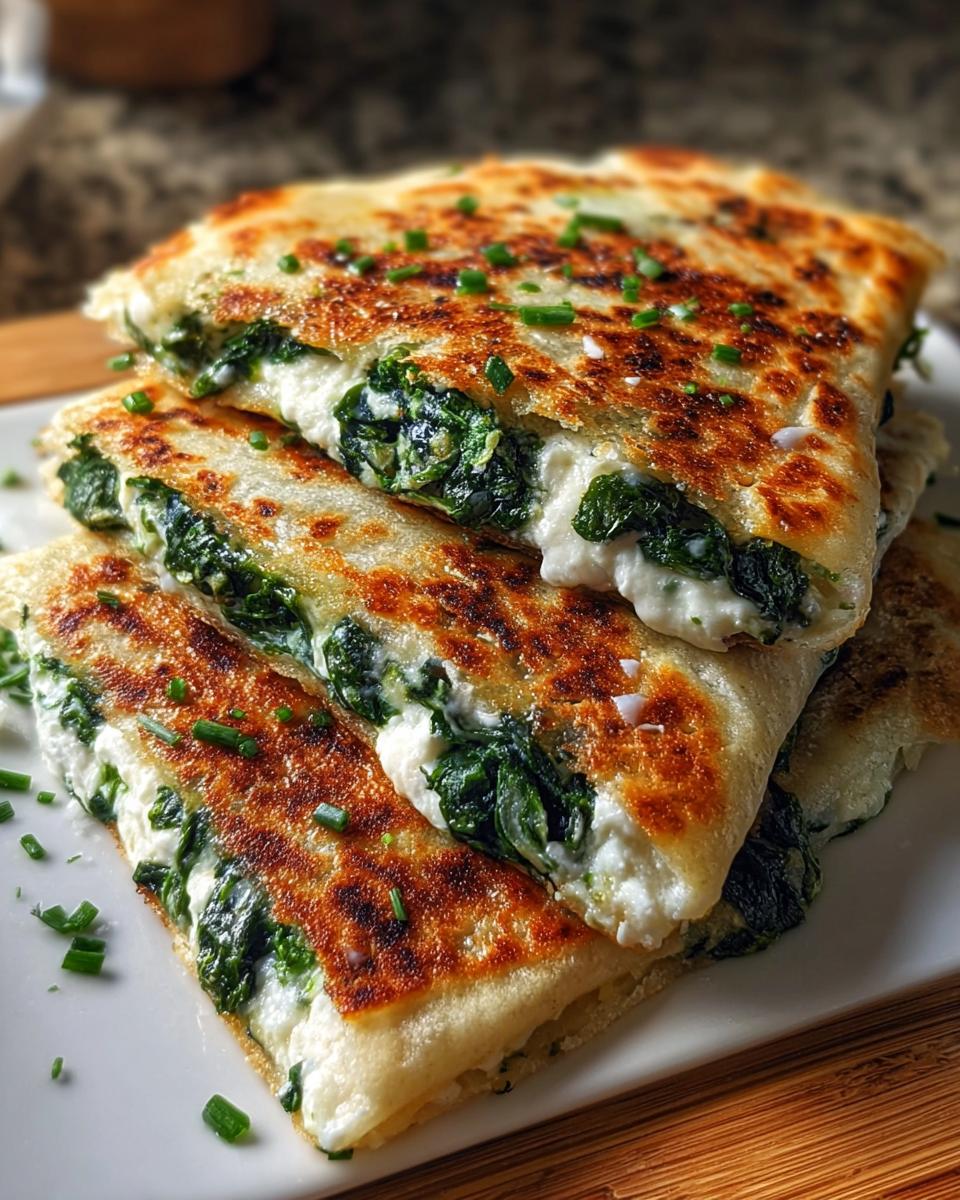 Gestapelte, goldbraun gebratene 30 Minuten Spinat-Feta-Quesadillas, gefüllt mit cremiger Füllung und Spinat.