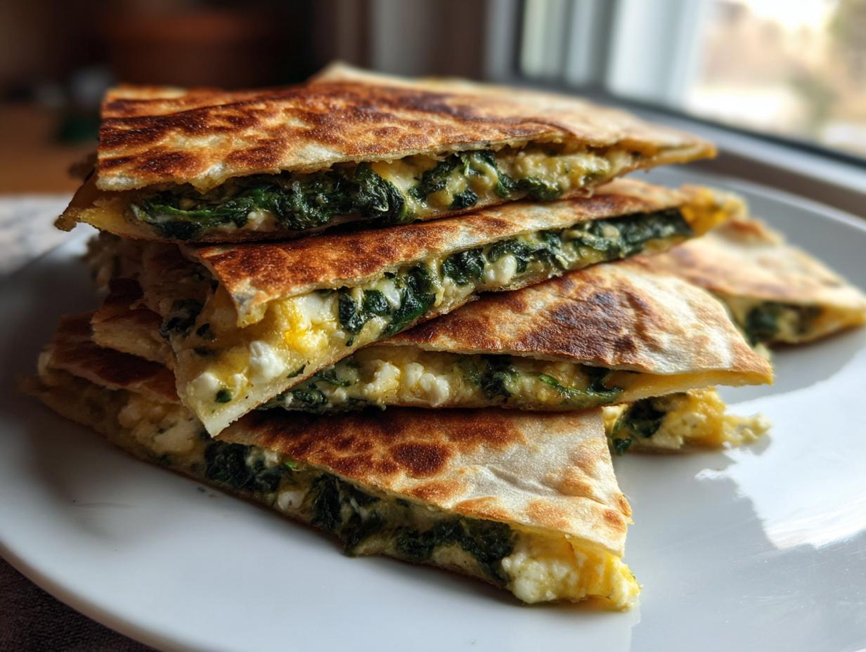 Ein Stapel goldbraun gebratener Spinat-Feta-Quesadillas, gefüllt mit cremiger Spinat-Feta-Mischung.