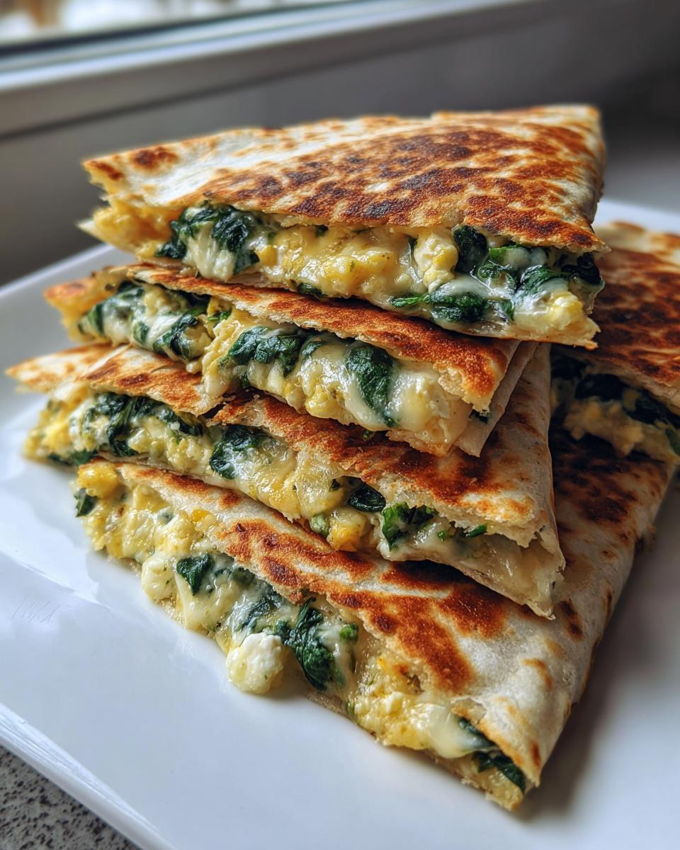 Stapel von knusprig gebratenen Spinat-Feta-Quesadillas, gefüllt mit geschmolzenem Käse und Spinat.