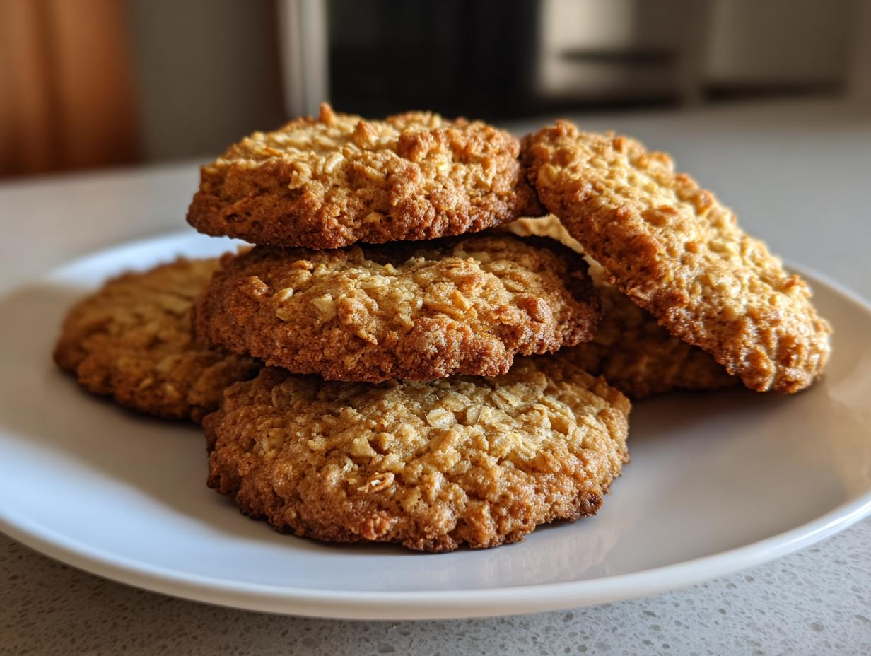 Stapel goldbrauner Haferflocken-Kekse auf einem weißen Teller, ideal für GESUNDE WEIHNACHTSPLÄTZCHEN.