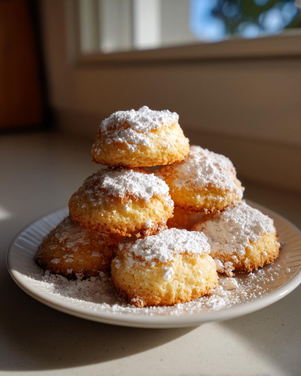 Ein Stapel goldbrauner Wiener Plätzchen, großzügig bestäubt mit Puderzucker, auf einem weißen Teller.