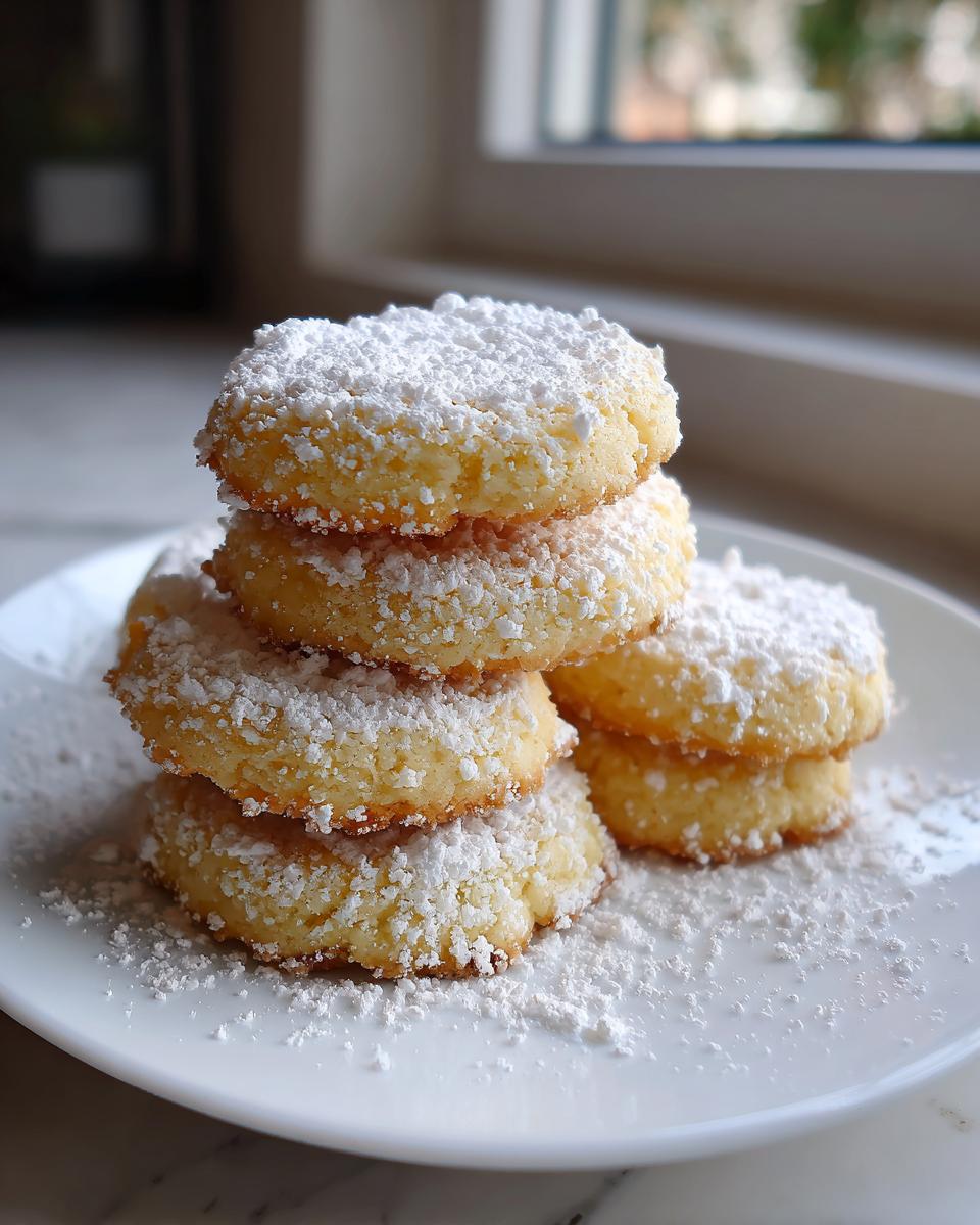 Stapel von runden, hellgelben Wiener Plätzchen, großzügig mit Puderzucker bestäubt, auf einem weißen Teller.