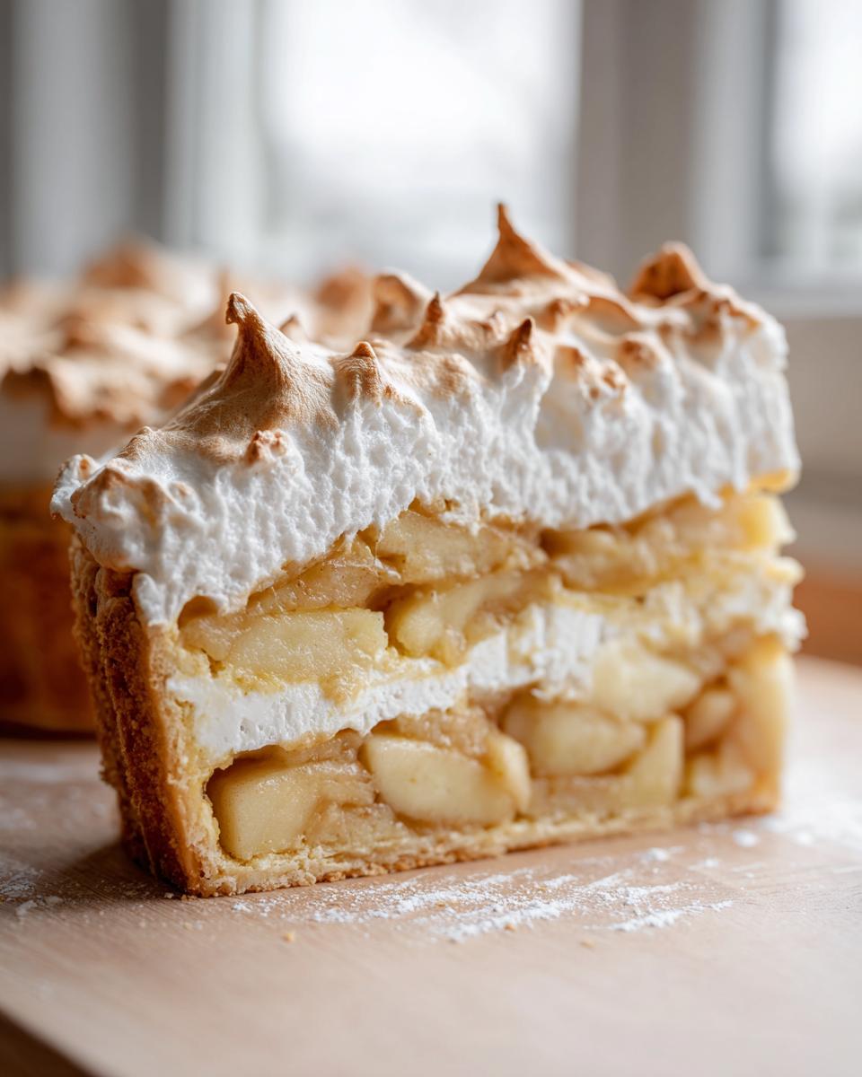 Nahaufnahme eines großzügigen Stücks Nach diesem Apfel-Baiser-Torte mit dicken Apfelschichten und goldbraun gebackener Baiserhaube.
