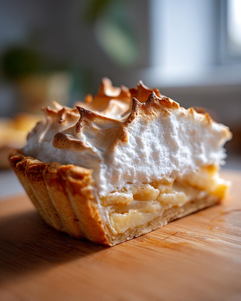 Nahaufnahme eines Stücks Nach diesem Apfel-Baiser-Torte mit knusprigem, gebräuntem Baiser-Topping und Apfelfüllung.